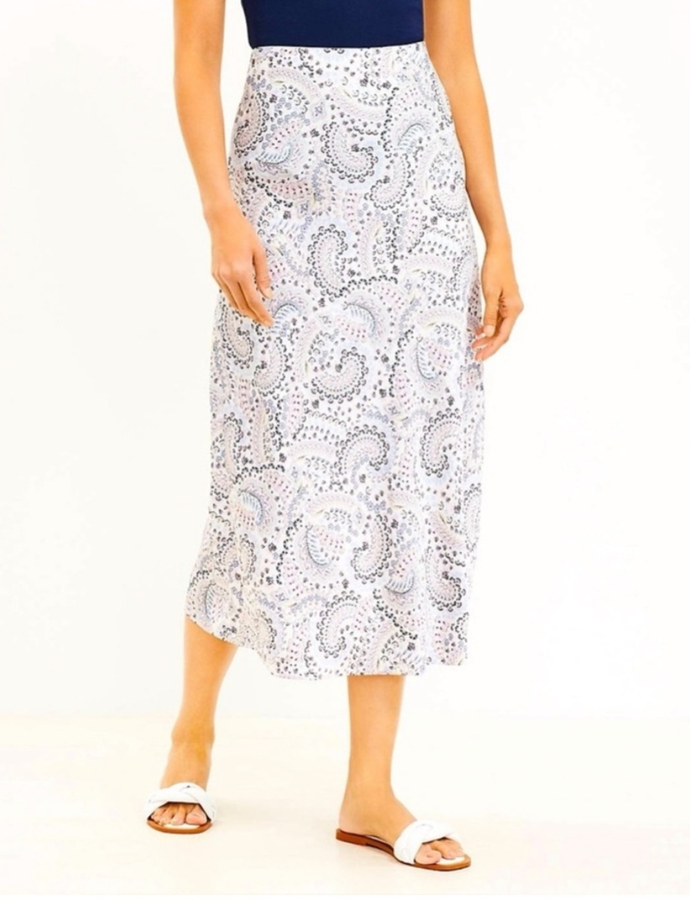 LOFT White Midi Skirt with Blue Paisley Print